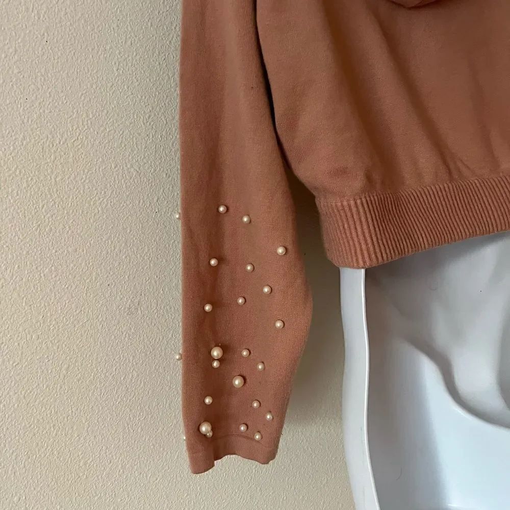 Zara knit pink pearl hoodie crop sweater S - Picture 3 of 5